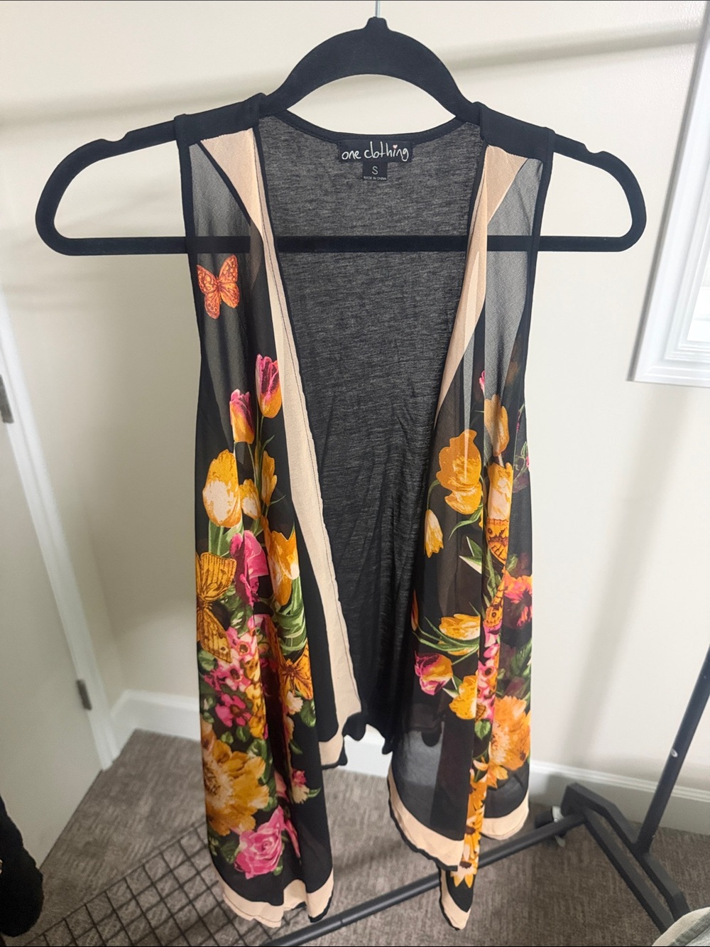 one clothing Black Sheer Floral Open Vest with Peach Trim and Multicolor Blooms